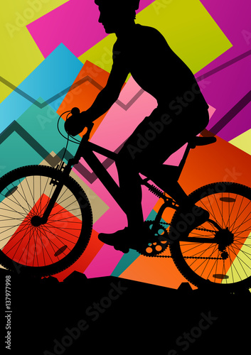 Cyclist active man bicycle riders in abstract sport landscape circle background illustration