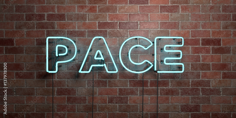 Obraz premium PACE - fluorescent Neon tube Sign on brickwork - Front view - 3D rendered royalty free stock picture. Can be used for online banner ads and direct mailers..