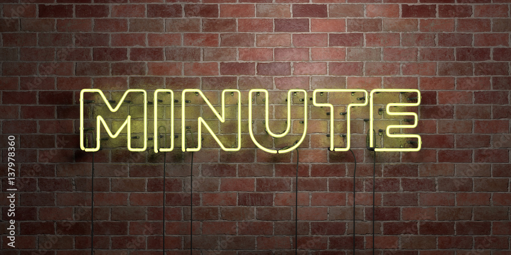 Obraz premium MINUTE - fluorescent Neon tube Sign on brickwork - Front view - 3D rendered royalty free stock picture. Can be used for online banner ads and direct mailers..