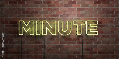 MINUTE - fluorescent Neon tube Sign on brickwork - Front view - 3D rendered royalty free stock picture. Can be used for online banner ads and direct mailers..