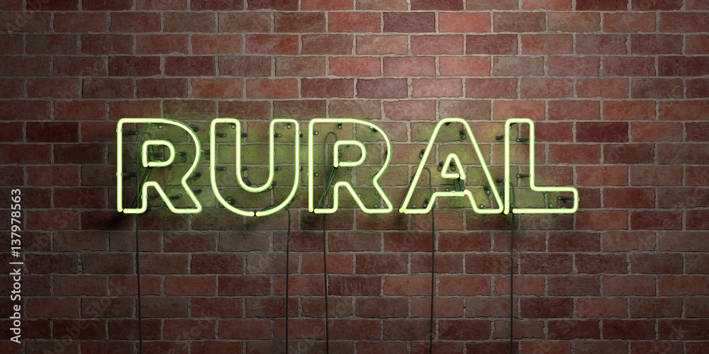 Fototapeta premium RURAL - fluorescent Neon tube Sign on brickwork - Front view - 3D rendered royalty free stock picture. Can be used for online banner ads and direct mailers..