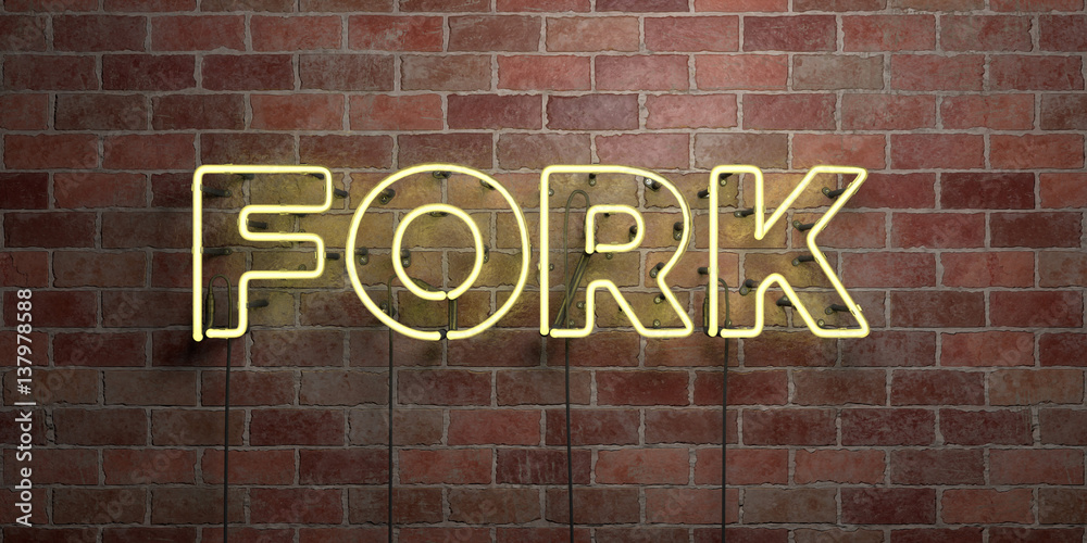 FORK - fluorescent Neon tube Sign on brickwork - Front view - 3D rendered royalty free stock picture. Can be used for online banner ads and direct mailers.. FORK - fluorescent Neon tube Sign on brickwork - Front view - 3D rendered royalty free stock picture. Can be used for online banner ads and direct mailers..