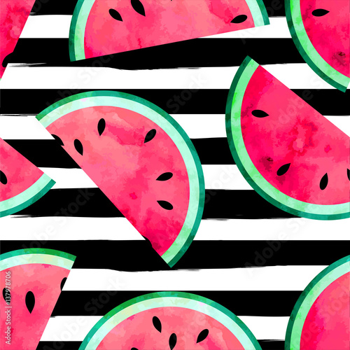 Fruity seamless vector pattern with watercolor paint textured watermelon pieces. Striped background.