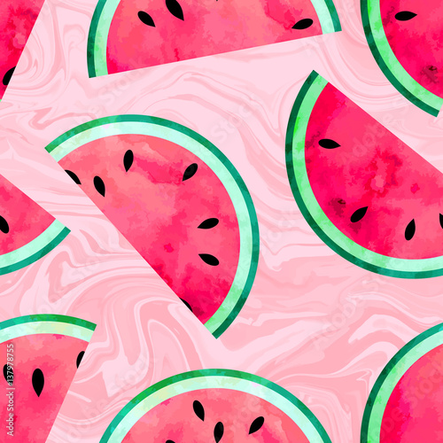 Fruity seamless vector pattern with watercolor paint textured watermelon pieces. Marbled background.