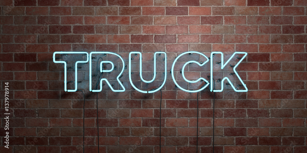 TRUCK - fluorescent Neon tube Sign on brickwork - Front view - 3D rendered royalty free stock picture. Can be used for online banner ads and direct mailers.. TRUCK - fluorescent Neon tube Sign on brickwork - Front view - 3D rendered royalty free stock picture. Can be used for online banner ads and direct mailers..