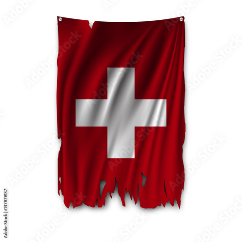 Torn by the wind national flag of Switzerland. Ragged. The wavy fabric on white background. Realistic vector illustration.
