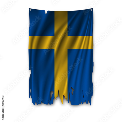 Torn by the wind national flag of Sweden. Ragged. The wavy fabric on white background. Realistic vector illustration.