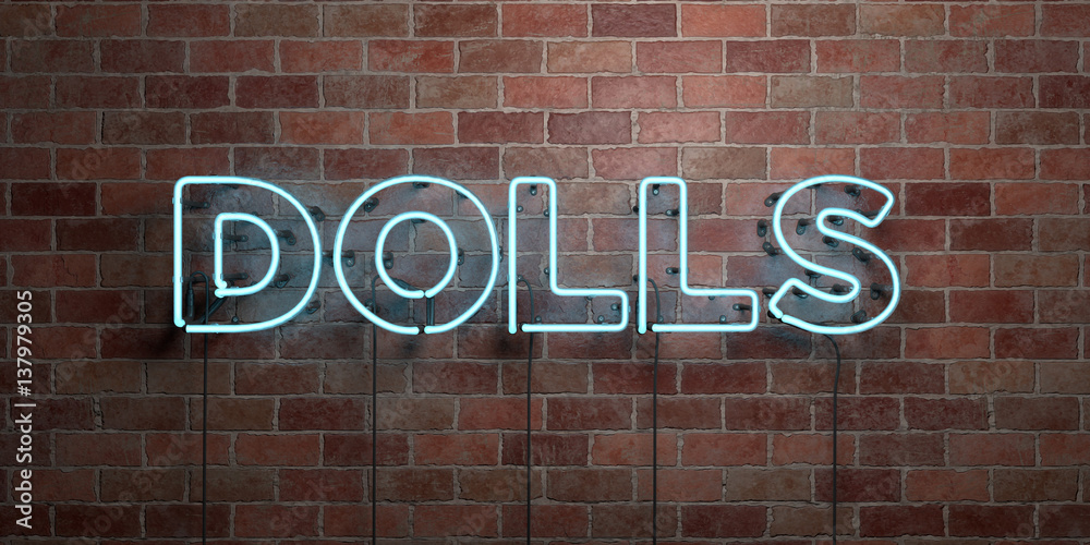 Fototapeta premium DOLLS - fluorescent Neon tube Sign on brickwork - Front view - 3D rendered royalty free stock picture. Can be used for online banner ads and direct mailers..