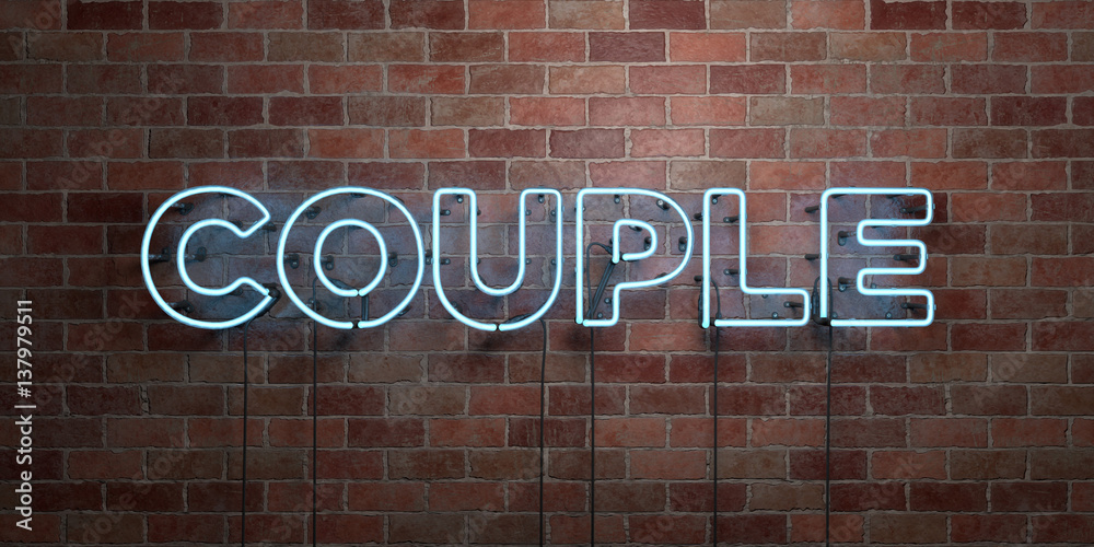 Fototapeta premium COUPLE - fluorescent Neon tube Sign on brickwork - Front view - 3D rendered royalty free stock picture. Can be used for online banner ads and direct mailers..