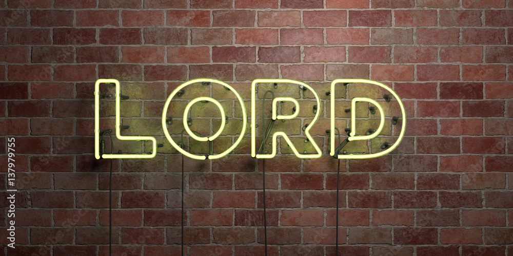 Fototapeta premium LORD - fluorescent Neon tube Sign on brickwork - Front view - 3D rendered royalty free stock picture. Can be used for online banner ads and direct mailers..