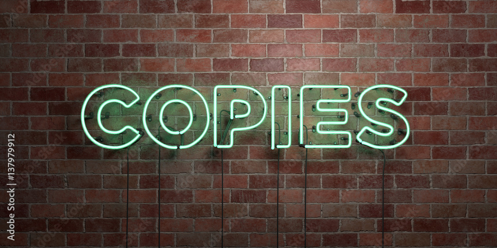 Obraz premium COPIES - fluorescent Neon tube Sign on brickwork - Front view - 3D rendered royalty free stock picture. Can be used for online banner ads and direct mailers..
