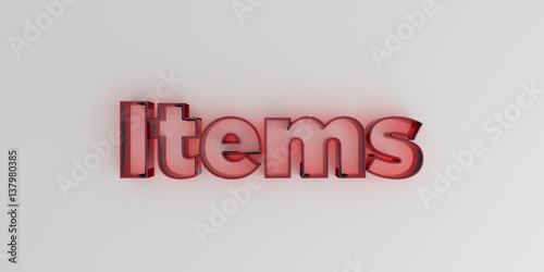 Items - Red glass text on white background - 3D rendered royalty free stock image.