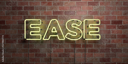 EASE - fluorescent Neon tube Sign on brickwork - Front view - 3D rendered royalty free stock picture. Can be used for online banner ads and direct mailers..