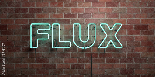 FLUX - fluorescent Neon tube Sign on brickwork - Front view - 3D rendered royalty free stock picture. Can be used for online banner ads and direct mailers..