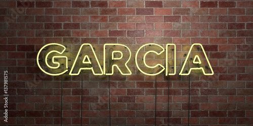 GARCIA - fluorescent Neon tube Sign on brickwork - Front view - 3D rendered royalty free stock picture. Can be used for online banner ads and direct mailers.. photo