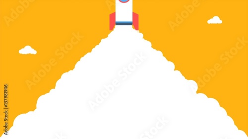 Animation of flat style rocket rising on orange background with blank white screen at the end