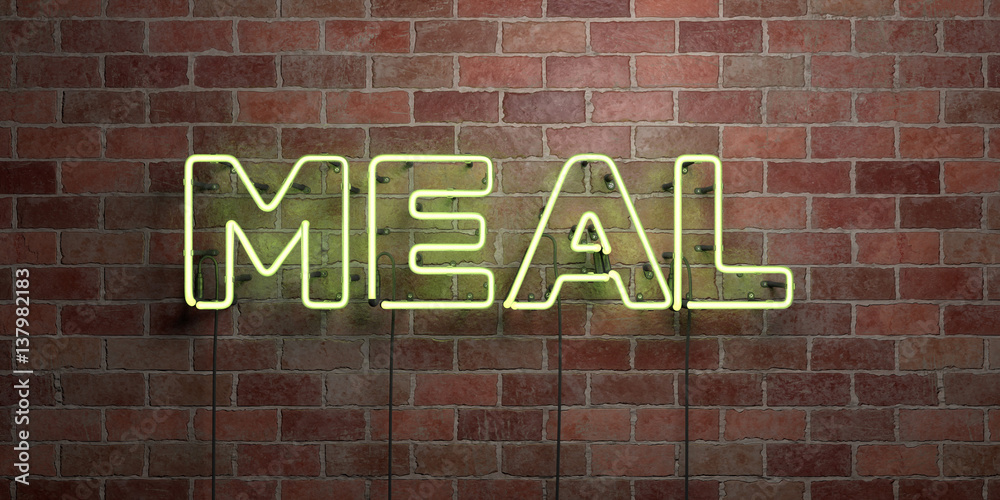 Fototapeta premium MEAL - fluorescent Neon tube Sign on brickwork - Front view - 3D rendered royalty free stock picture. Can be used for online banner ads and direct mailers..
