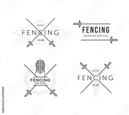 Set of Fencing sports vector logo or badge. Emblem elements. Fencing equipment - rapier, foil, mask. Sport academy