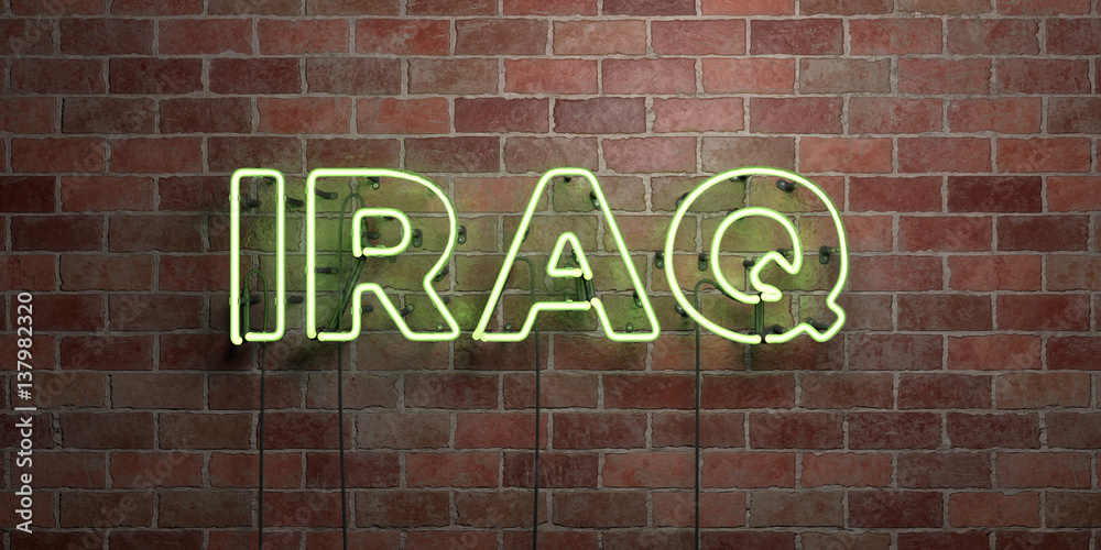 Obraz premium IRAQ - fluorescent Neon tube Sign on brickwork - Front view - 3D rendered royalty free stock picture. Can be used for online banner ads and direct mailers..