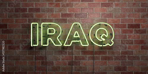 IRAQ - fluorescent Neon tube Sign on brickwork - Front view - 3D rendered royalty free stock picture. Can be used for online banner ads and direct mailers..