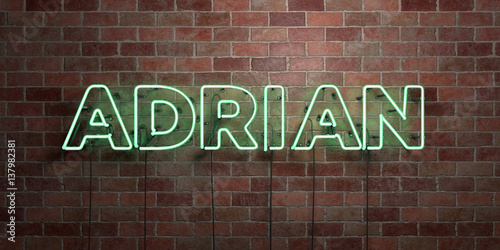 ADRIAN - fluorescent Neon tube Sign on brickwork - Front view - 3D rendered royalty free stock picture. Can be used for online banner ads and direct mailers..