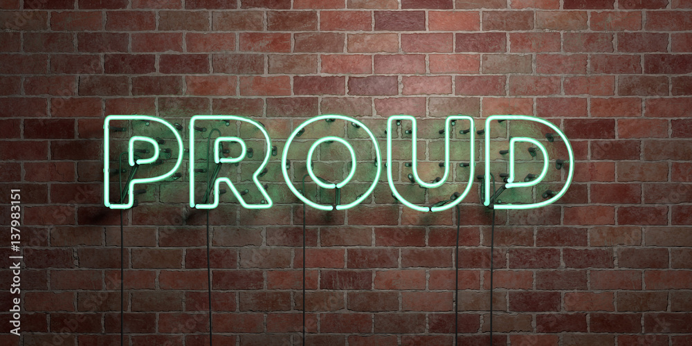 Obraz premium PROUD - fluorescent Neon tube Sign on brickwork - Front view - 3D rendered royalty free stock picture. Can be used for online banner ads and direct mailers..