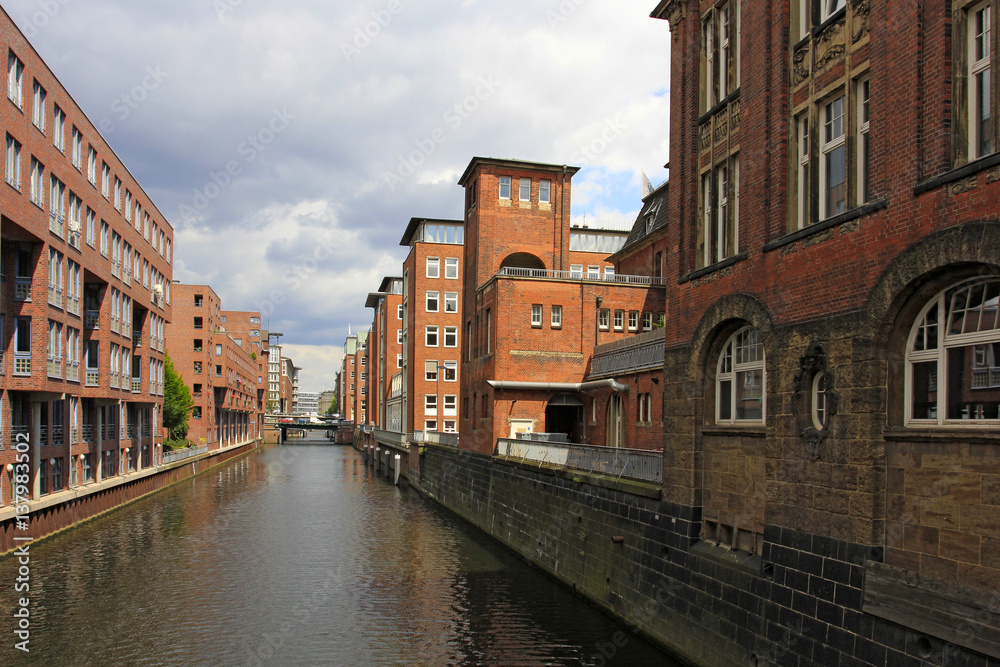 Brick building on the Herrengrabenfleet in the Hanseatic City Hamburg, Germany, Europe.