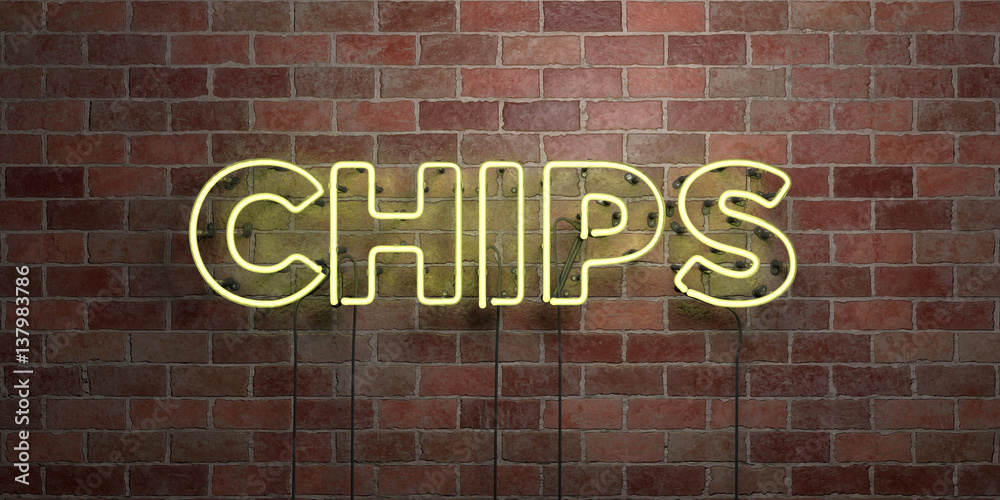 Fototapeta premium CHIPS - fluorescent Neon tube Sign on brickwork - Front view - 3D rendered royalty free stock picture. Can be used for online banner ads and direct mailers..