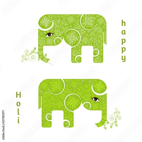Abstract Happy Holi poster with two green elephants. Design for Indian Festival of Colours. Vector illustration