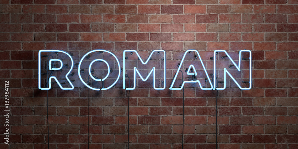Obraz premium ROMAN - fluorescent Neon tube Sign on brickwork - Front view - 3D rendered royalty free stock picture. Can be used for online banner ads and direct mailers..
