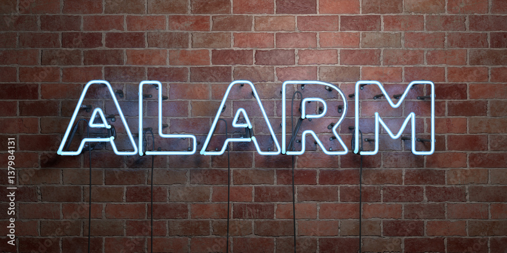 Obraz premium ALARM - fluorescent Neon tube Sign on brickwork - Front view - 3D rendered royalty free stock picture. Can be used for online banner ads and direct mailers..