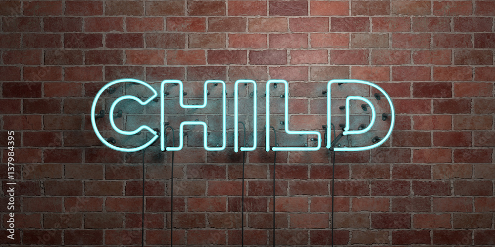 CHILD - fluorescent Neon tube Sign on brickwork - Front view - 3D rendered royalty free stock picture. Can be used for online banner ads and direct mailers.. CHILD - fluorescent Neon tube Sign on brickwork - Front view - 3D rendered royalty free stock picture. Can be used for online banner ads and direct mailers..