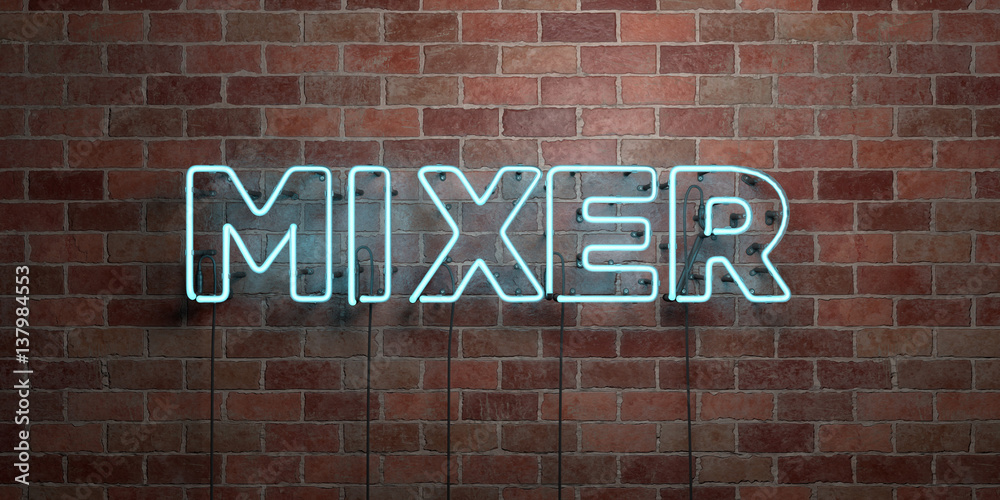 MIXER - fluorescent Neon tube Sign on brickwork - Front view - 3D rendered royalty free stock picture. Can be used for online banner ads and direct mailers.. MIXER - fluorescent Neon tube Sign on brickwork - Front view - 3D rendered royalty free stock picture. Can be used for online banner ads and direct mailers..