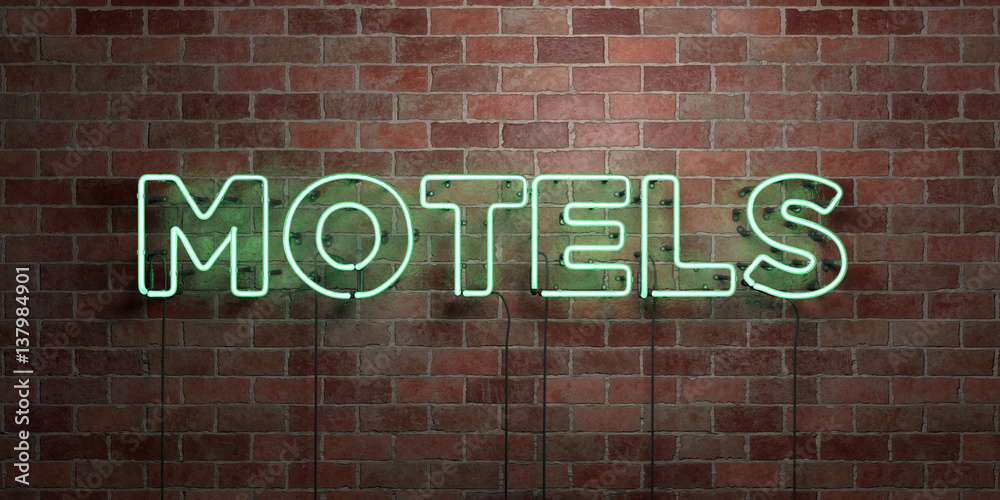 Obraz premium MOTELS - fluorescent Neon tube Sign on brickwork - Front view - 3D rendered royalty free stock picture. Can be used for online banner ads and direct mailers..