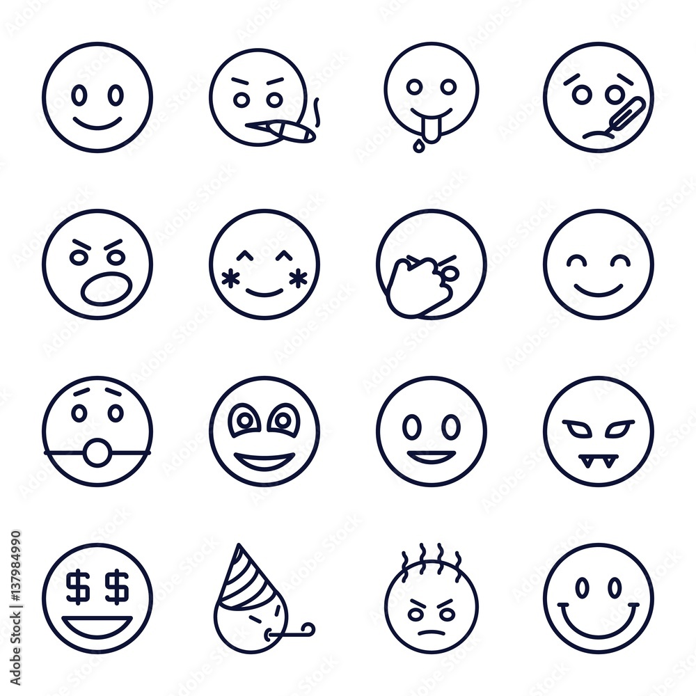 Set of 16 smiley outline icons
