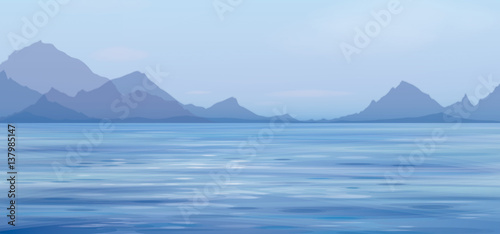 Vector blue sea scene  on  mountains  background.
