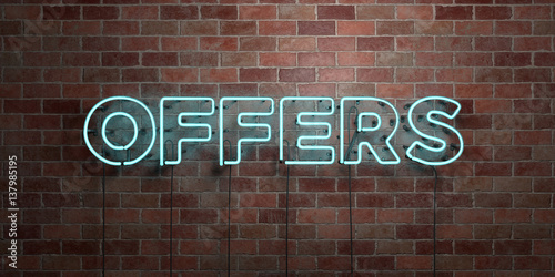 OFFERS - fluorescent Neon tube Sign on brickwork - Front view - 3D rendered royalty free stock picture. Can be used for online banner ads and direct mailers.. photo
