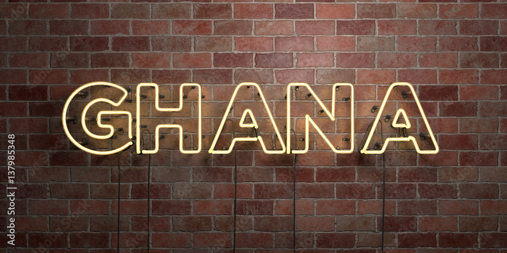 Fototapeta premium GHANA - fluorescent Neon tube Sign on brickwork - Front view - 3D rendered royalty free stock picture. Can be used for online banner ads and direct mailers..