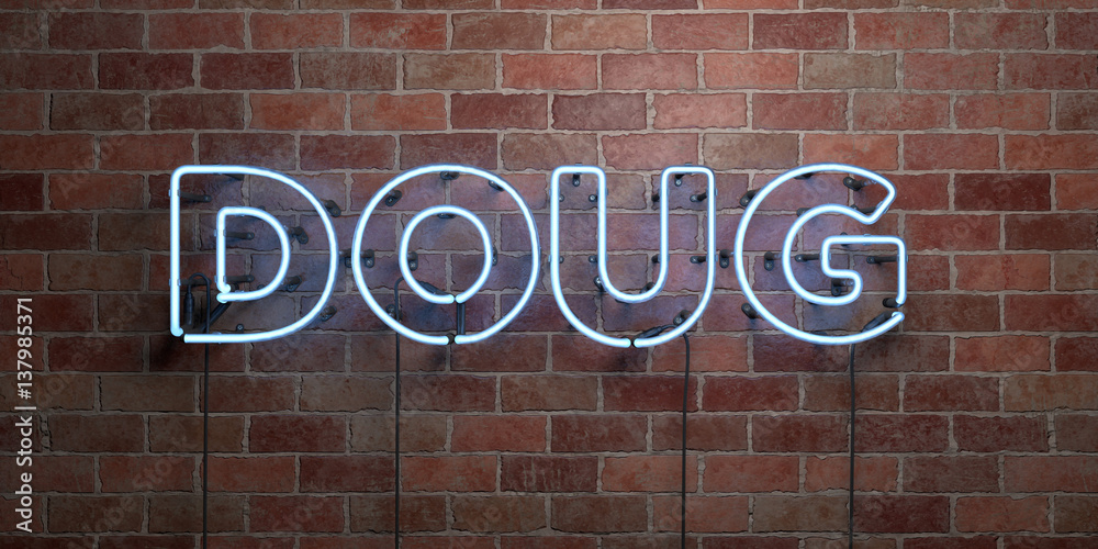 Obraz premium DOUG - fluorescent Neon tube Sign on brickwork - Front view - 3D rendered royalty free stock picture. Can be used for online banner ads and direct mailers..
