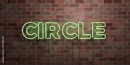 CIRCLE - fluorescent Neon tube Sign on brickwork - Front view - 3D rendered royalty free stock picture. Can be used for online banner ads and direct mailers..