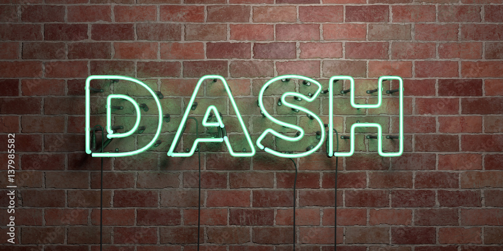 DASH - fluorescent Neon tube Sign on brickwork - Front view - 3D rendered royalty free stock picture. Can be used for online banner ads and direct mailers..