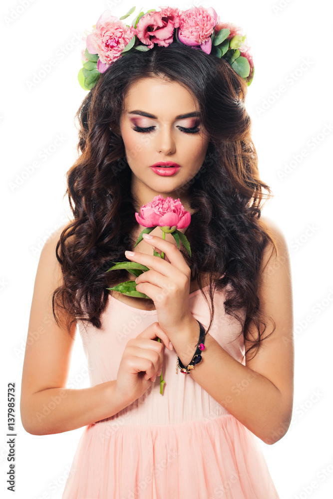 Naklejka premium Cute Girl with Peony Flower on White