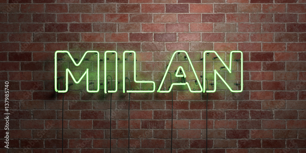 Obraz premium MILAN - fluorescent Neon tube Sign on brickwork - Front view - 3D rendered royalty free stock picture. Can be used for online banner ads and direct mailers..
