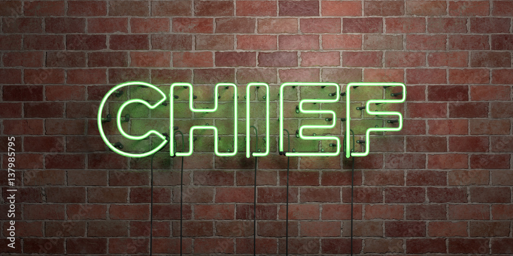 CHIEF - fluorescent Neon tube Sign on brickwork - Front view - 3D rendered royalty free stock picture. Can be used for online banner ads and direct mailers.. CHIEF - fluorescent Neon tube Sign on brickwork - Front view - 3D rendered royalty free stock picture. Can be used for online banner ads and direct mailers..