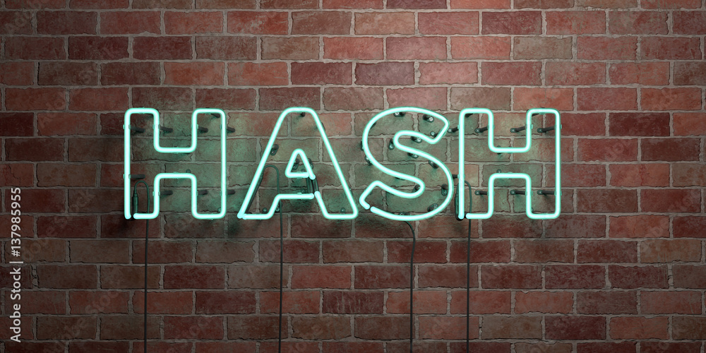 HASH - fluorescent Neon tube Sign on brickwork - Front view - 3D rendered royalty free stock picture. Can be used for online banner ads and direct mailers.. - obrazy, fototapety, plakaty 