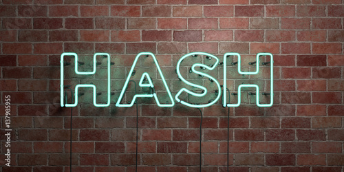 HASH - fluorescent Neon tube Sign on brickwork - Front view - 3D rendered royalty free stock picture. Can be used for online banner ads and direct mailers..