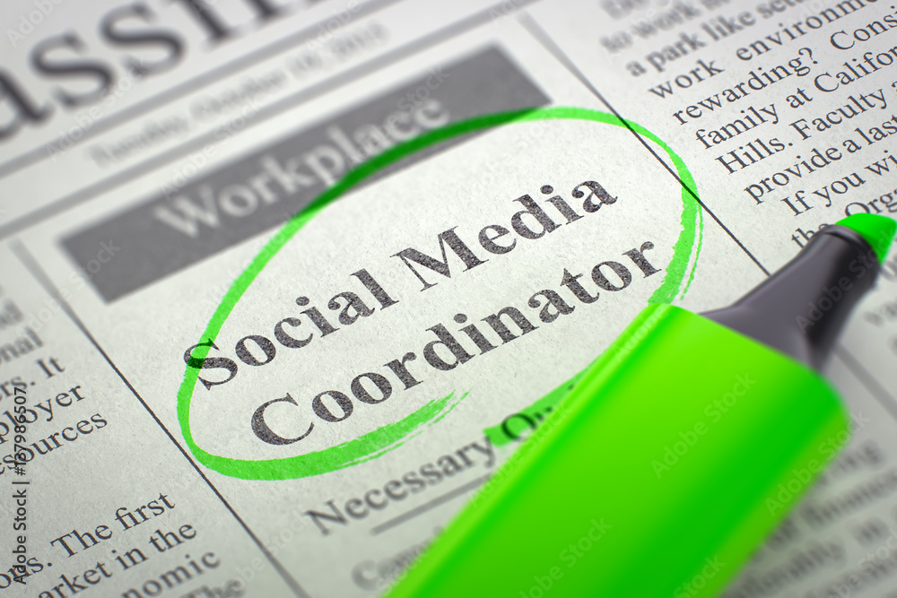 Fototapeta premium Social Media Coordinator Hiring Now. 3D.