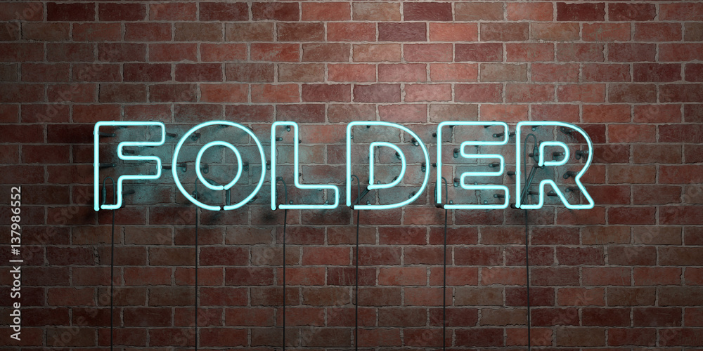 FOLDER - fluorescent Neon tube Sign on brickwork - Front view - 3D rendered royalty free stock picture. Can be used for online banner ads and direct mailers.. FOLDER - fluorescent Neon tube Sign on brickwork - Front view - 3D rendered royalty free stock picture. Can be used for online banner ads and direct mailers..
