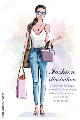 Stylish beautiful woman with shopping bags. Sketch. Hand drawn girl in fashion clothes. Fashion illustration. 