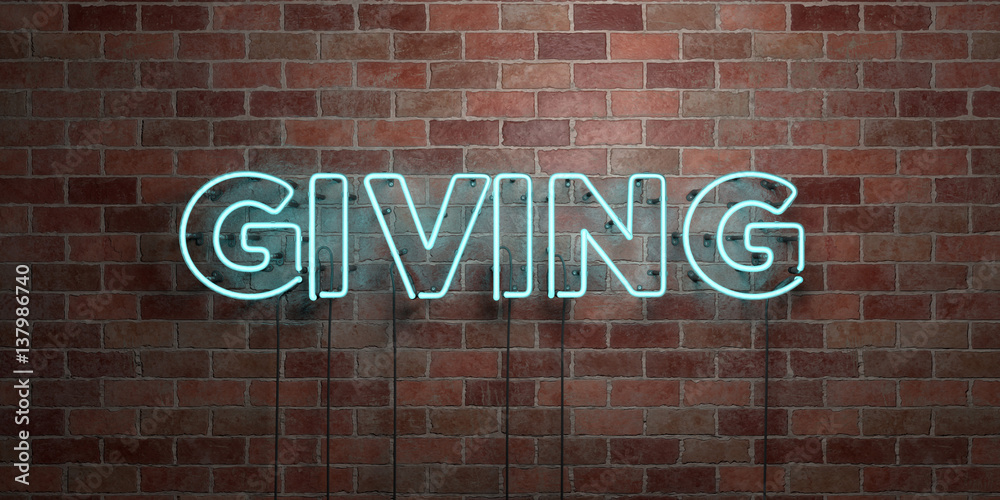 Obraz premium GIVING - fluorescent Neon tube Sign on brickwork - Front view - 3D rendered royalty free stock picture. Can be used for online banner ads and direct mailers..